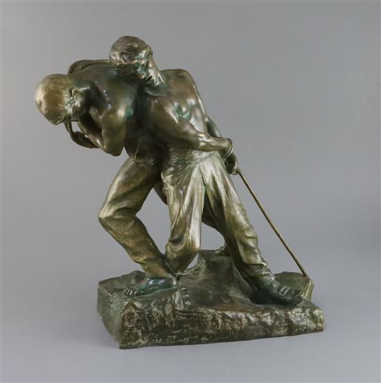 Henri Le Vasseur (1853-1954). A bronze group of two labourers hauling on a rope, height 13in.